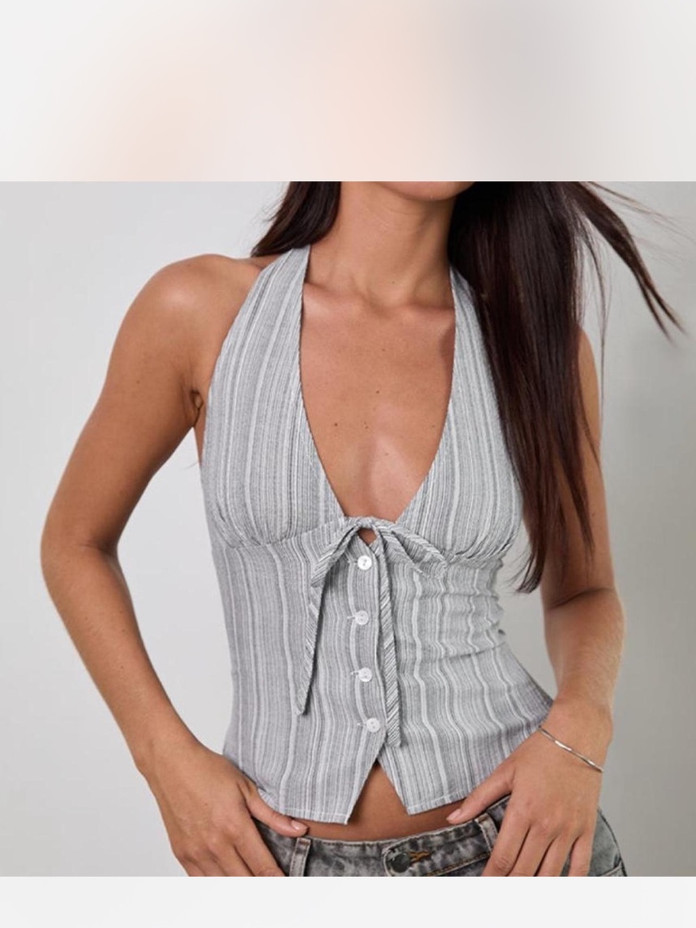 Motel Rocks Miyuki tie front halter neck top in woven stripe grey
